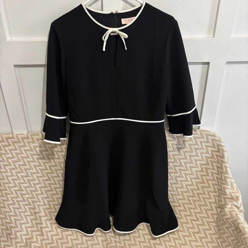 Ted Baker London Dindy Woven Skater Bow Dress Black White - Picture 3 of 11